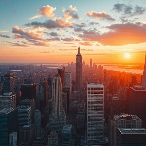 An aerial view of a city skyline at sunset, highlighting Aurora Studios' aerial photography capabilities.