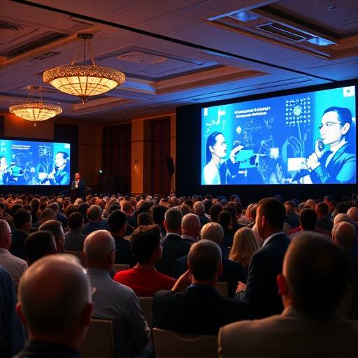 Image from a corporate event, capturing the keynote speaker addressing the audience with engaging visuals.